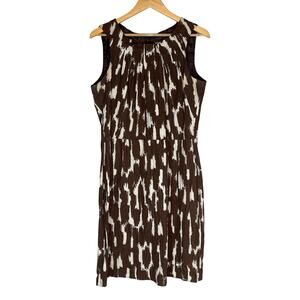 Vintage Linen Brown Neutral Sheath Dress Womens 18 Animal Print Safari High Neck